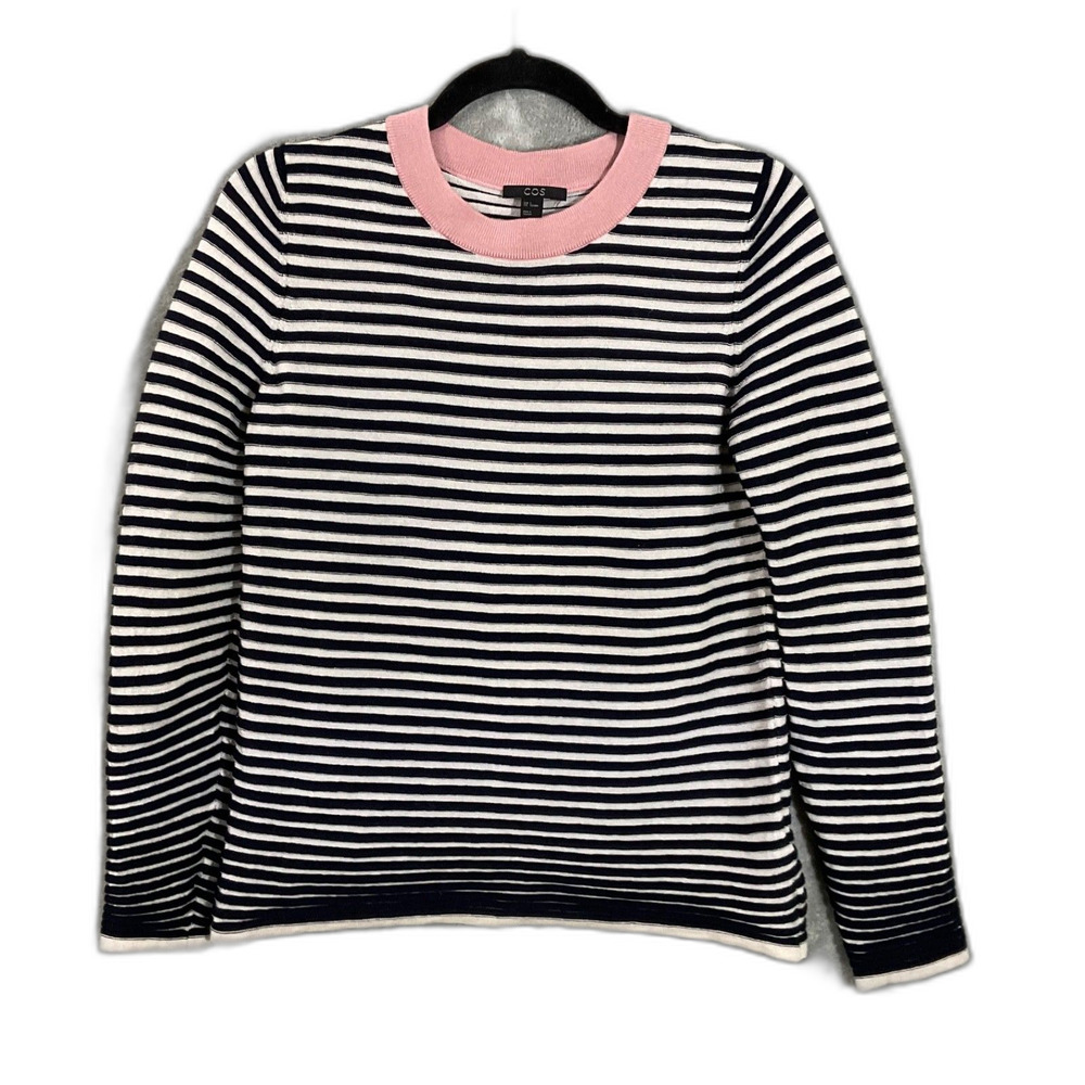 COS Black & White Striped Crewneck Sweater with Pink Trim